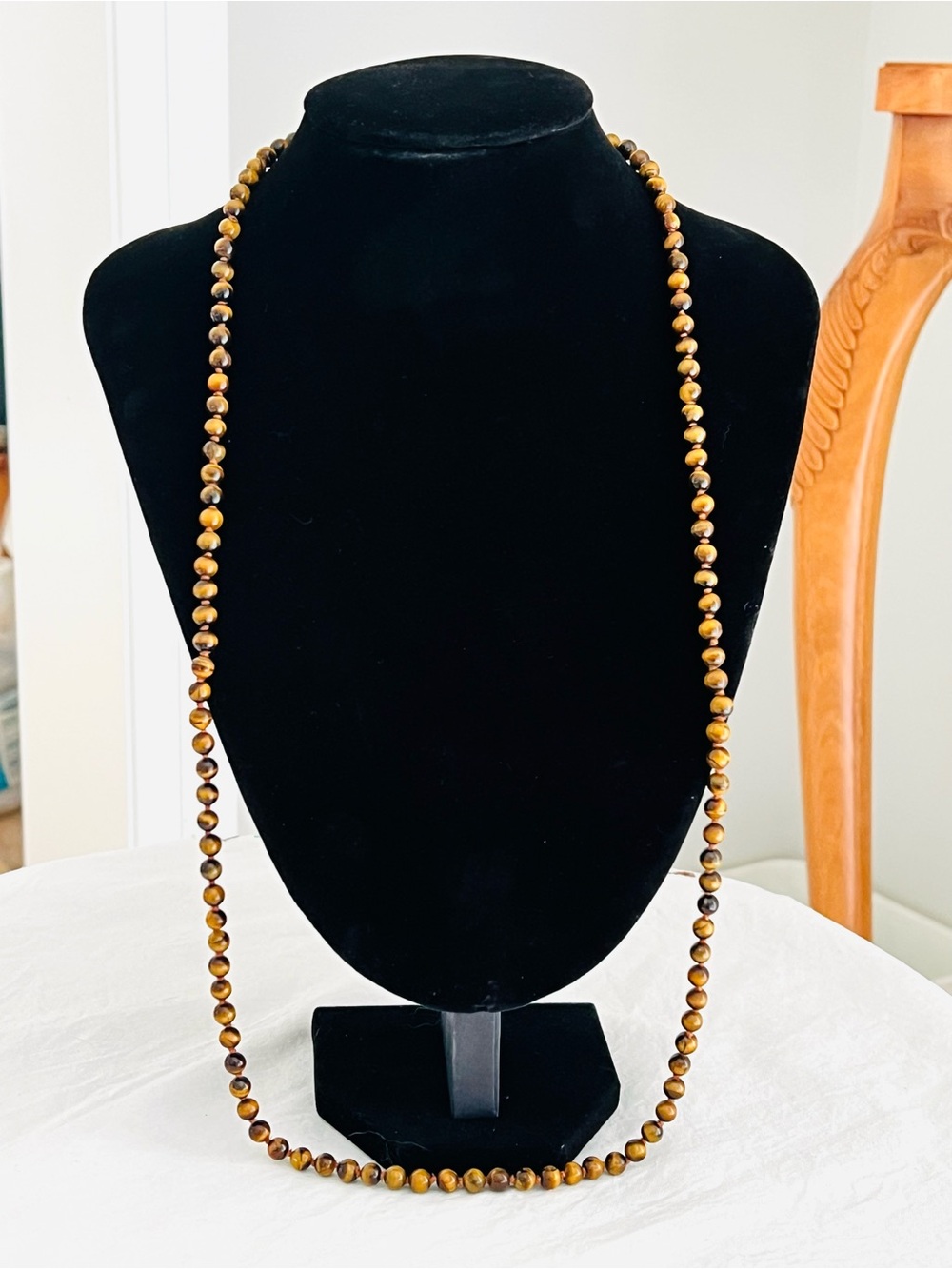 Natural Tiger's Eye Hand-Knotted Long Bead Necklace - 32"